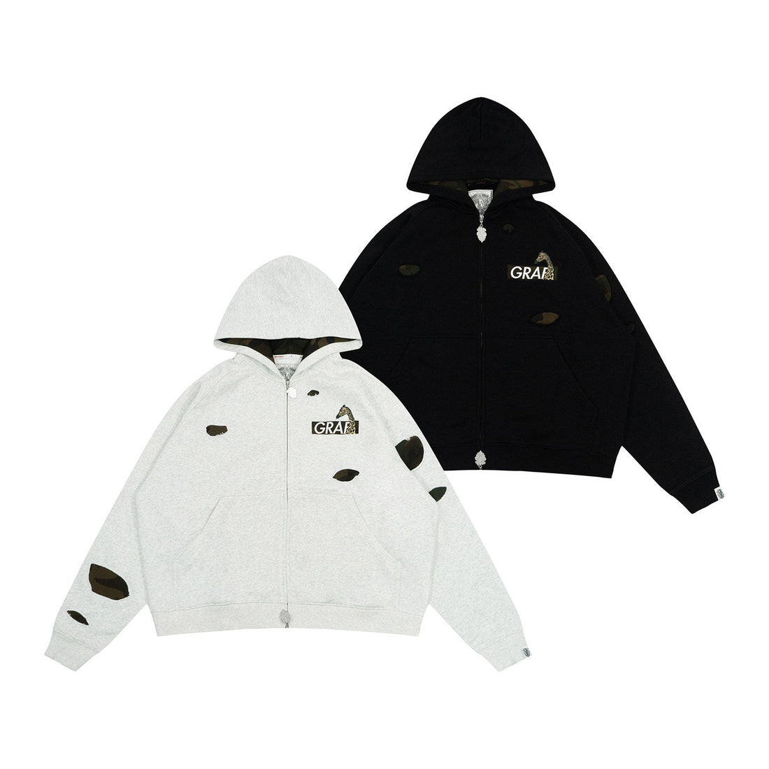 Camouflage Giraffe Hoodie: Ripped Zip-Up Streetwear