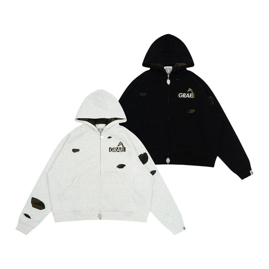 Camouflage Giraffe Hoodie: Ripped Zip-Up Streetwear