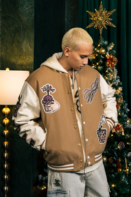 Potted Plant Baseball Jacket: Leather Sleeves & Botanical Design