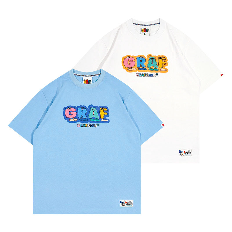 GRAF&WU Cute Expression Letter Cartoon Character Pure Cotton T-shirt