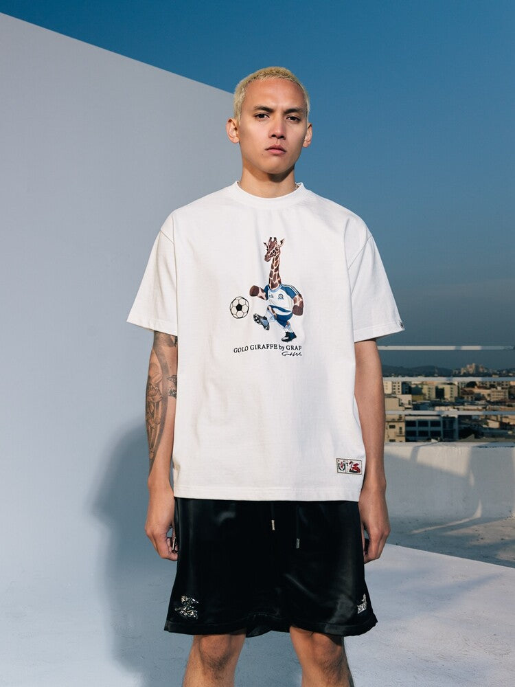 GRAF&WU Football Sports Giraffe Print Embroidered T-shirt