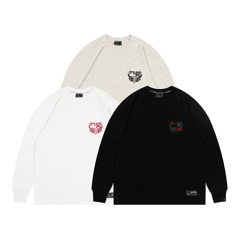 GRAF&WU Pocket Floral Heart Deer Embroidered Cotton Long-sleeved T-shirt