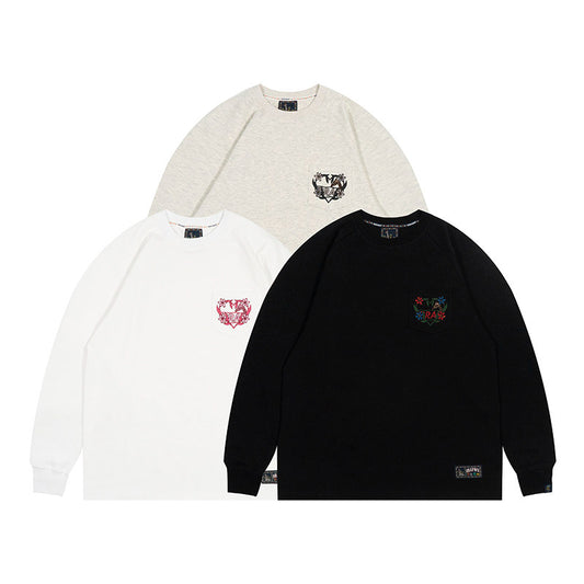 GRAF&WU Pocket Floral Heart Deer Embroidered Cotton Long-sleeved T-shirt