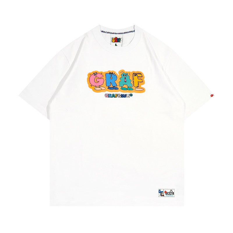 GRAF&WU Cute Expression Letter Cartoon Character Pure Cotton T-shirt