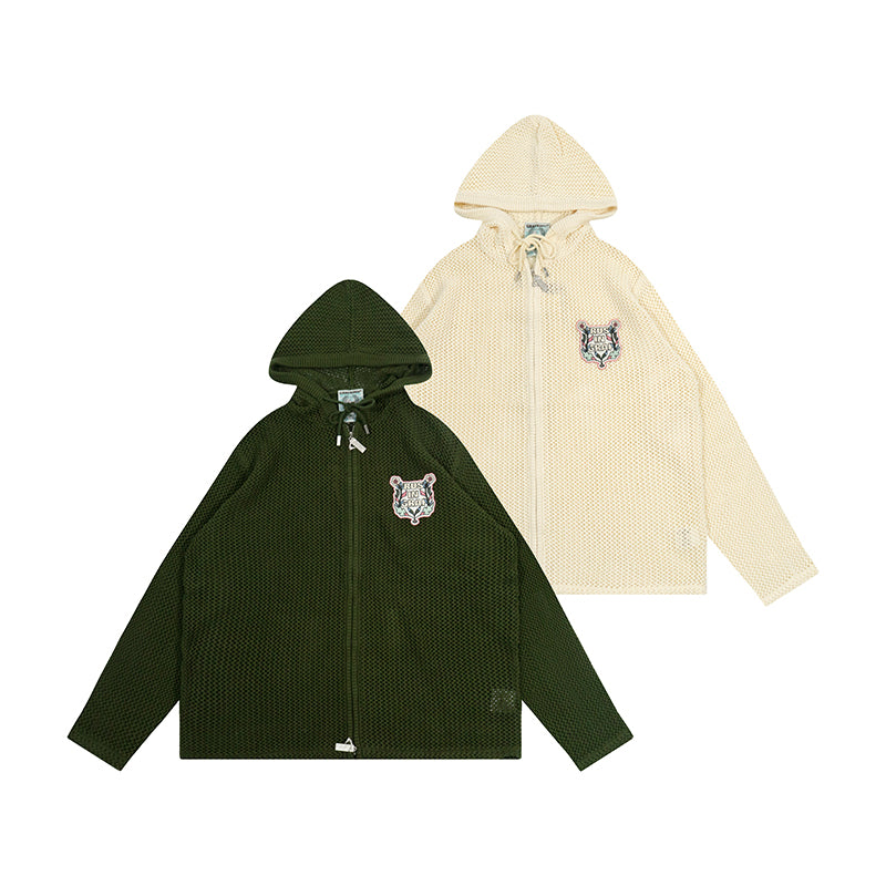 GRAF&WU Trust In GRAF Floral Embroidered Openwork Loose Hooded Zip-up Knit Sweater