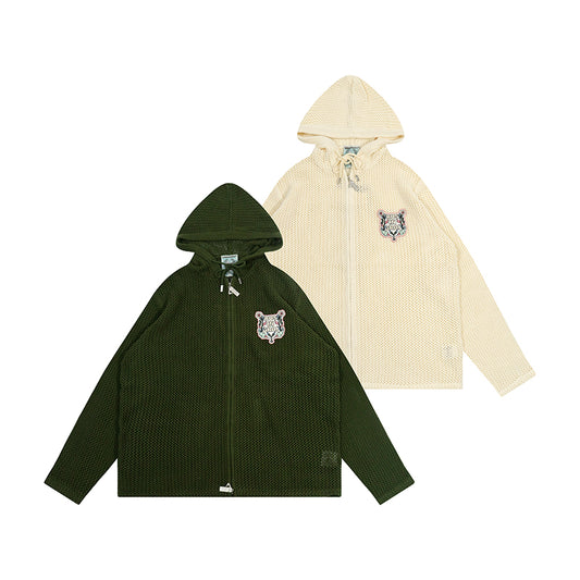 GRAF&WU Trust In GRAF Floral Embroidered Openwork Loose Hooded Zip-up Knit Sweater