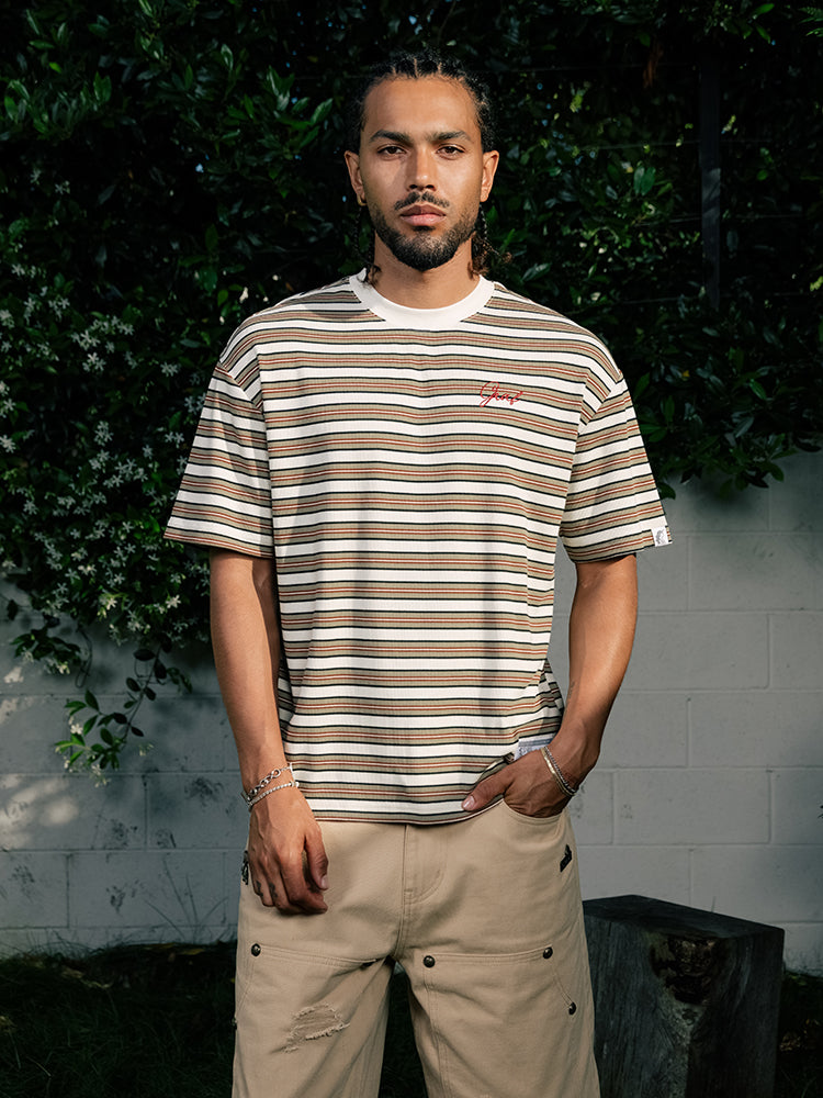 GRAFWU Simple Letter Embroidery Stripes T-Shirts
