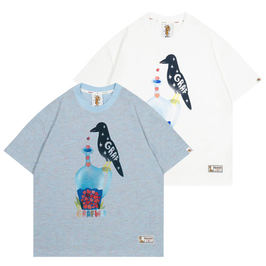 GRAF&WU【Giraffe Fable】Black Crow Drinking Water Print Streetwear Cool Feeling T-Shirt