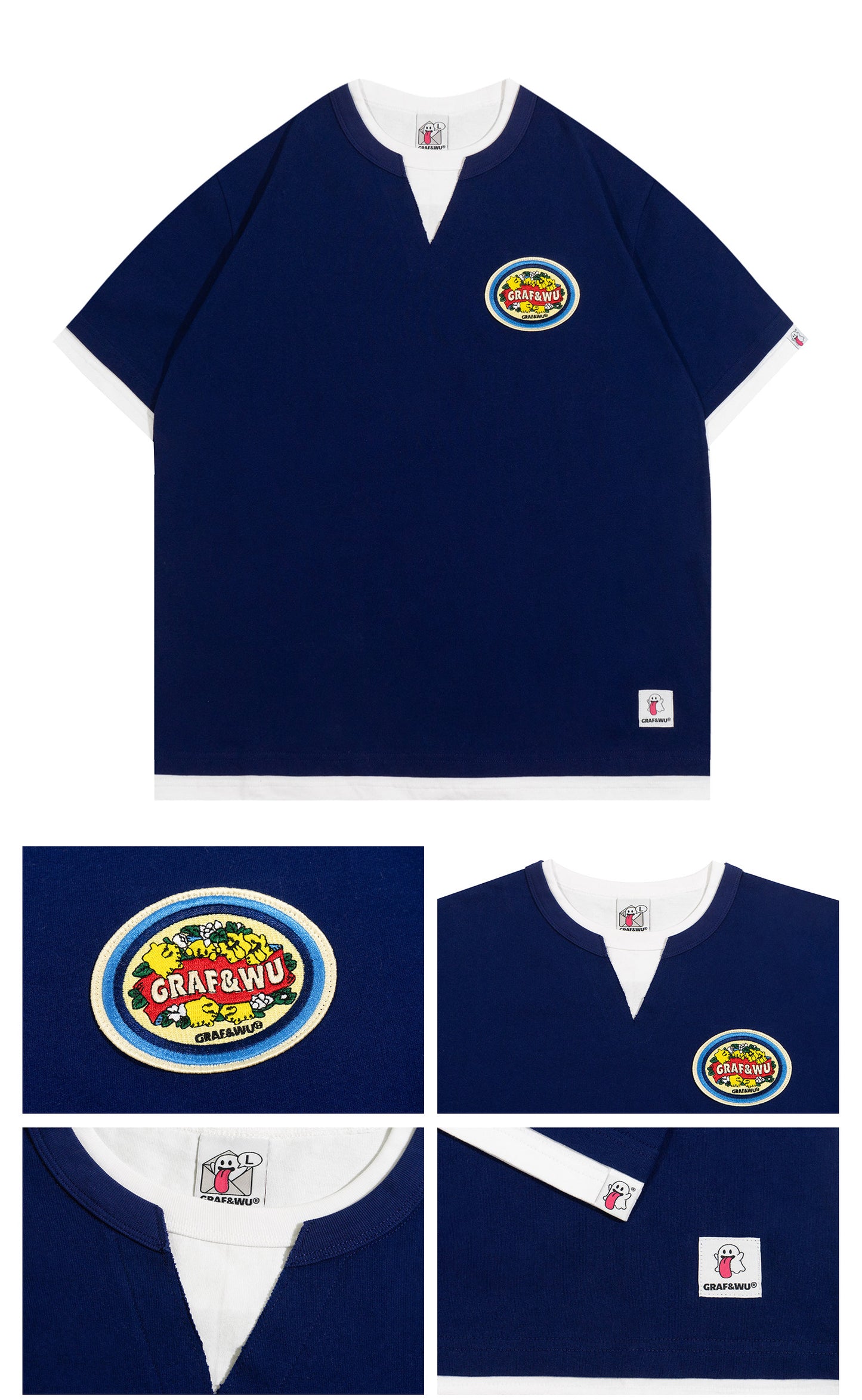 GRAF&WU Vintage Fake Two-Piece Notch Crew Neck T-Shirt