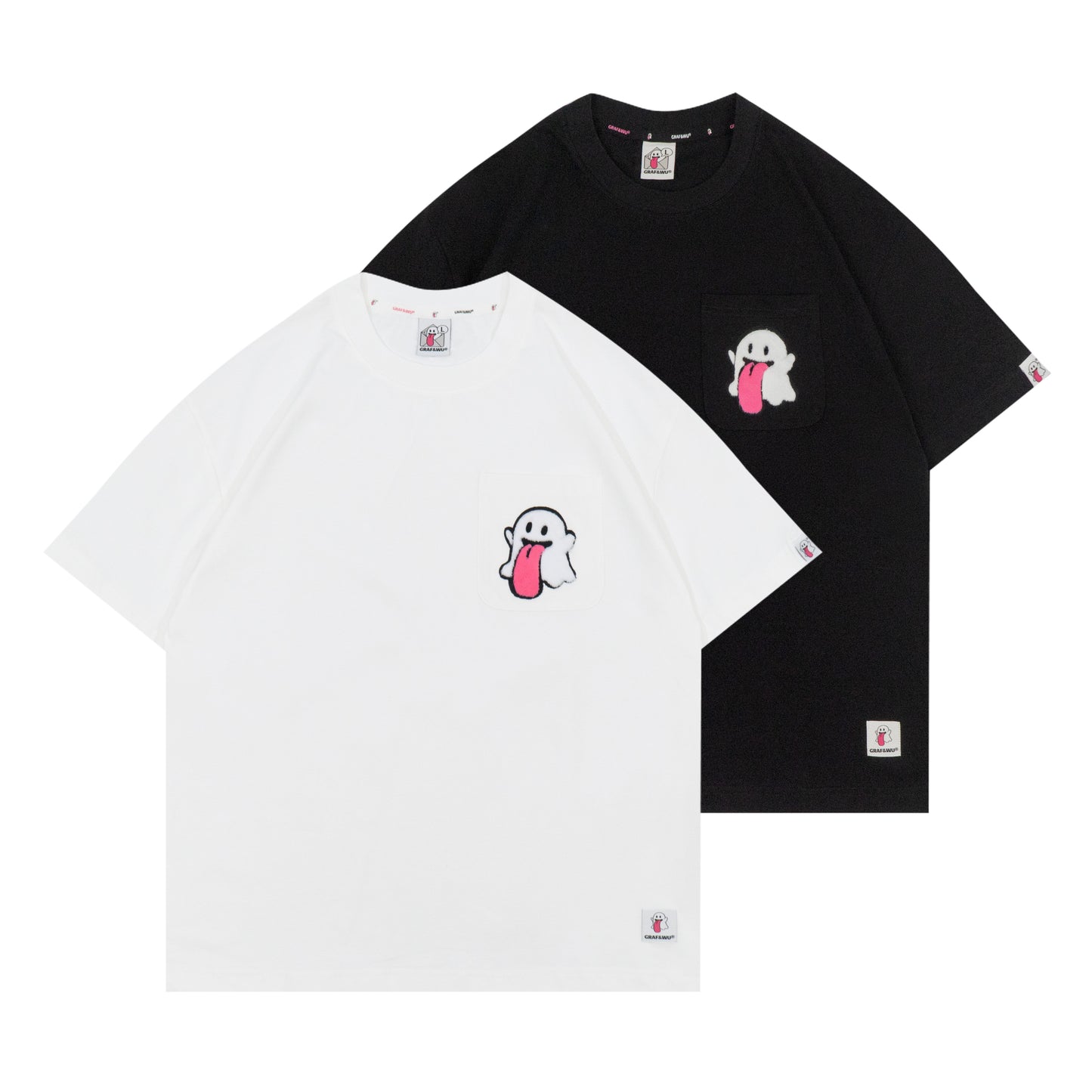 GRAF&WU Plush Cute Ghost Character Pattern Pocket T-shirt