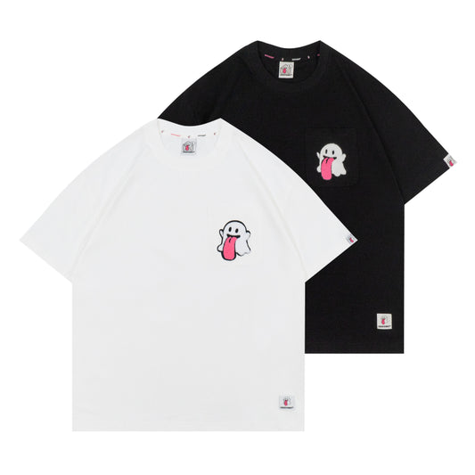 GRAF&WU Plush Cute Ghost Character Pattern Pocket T-shirt