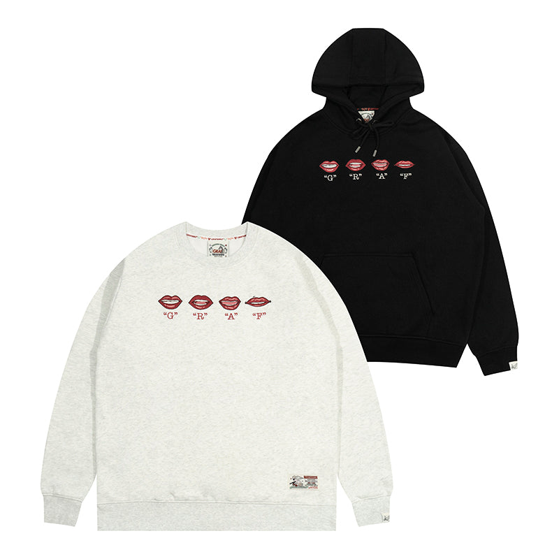 GRAF&WU Lips Say GRAF Lip-sync Embroidery Hoodie Cozy Sweatshirt