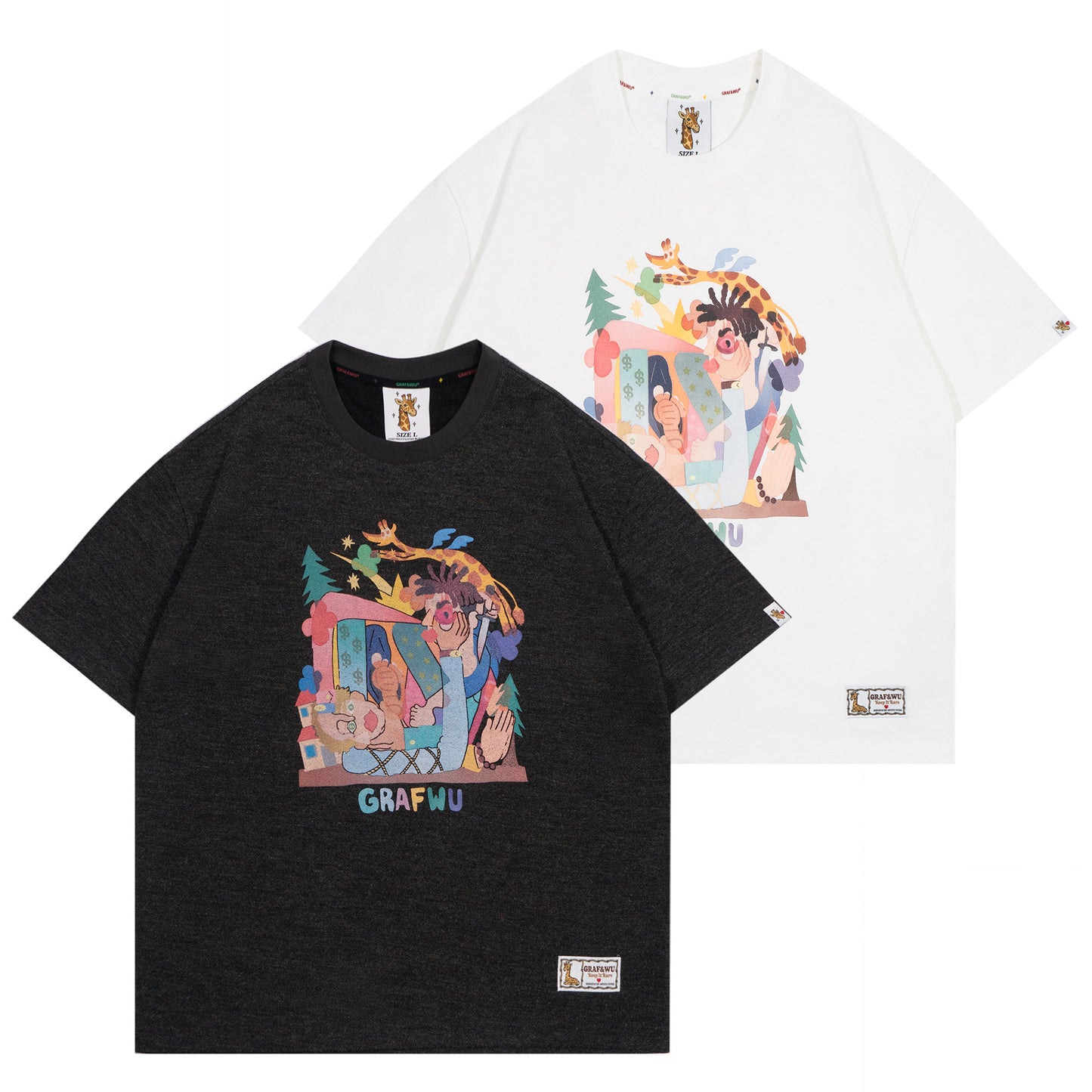 GRAF&WU Giraffe Fable Greed and Jealousy Abstract Streetwear Ice Silk Fabric T-Shirt
