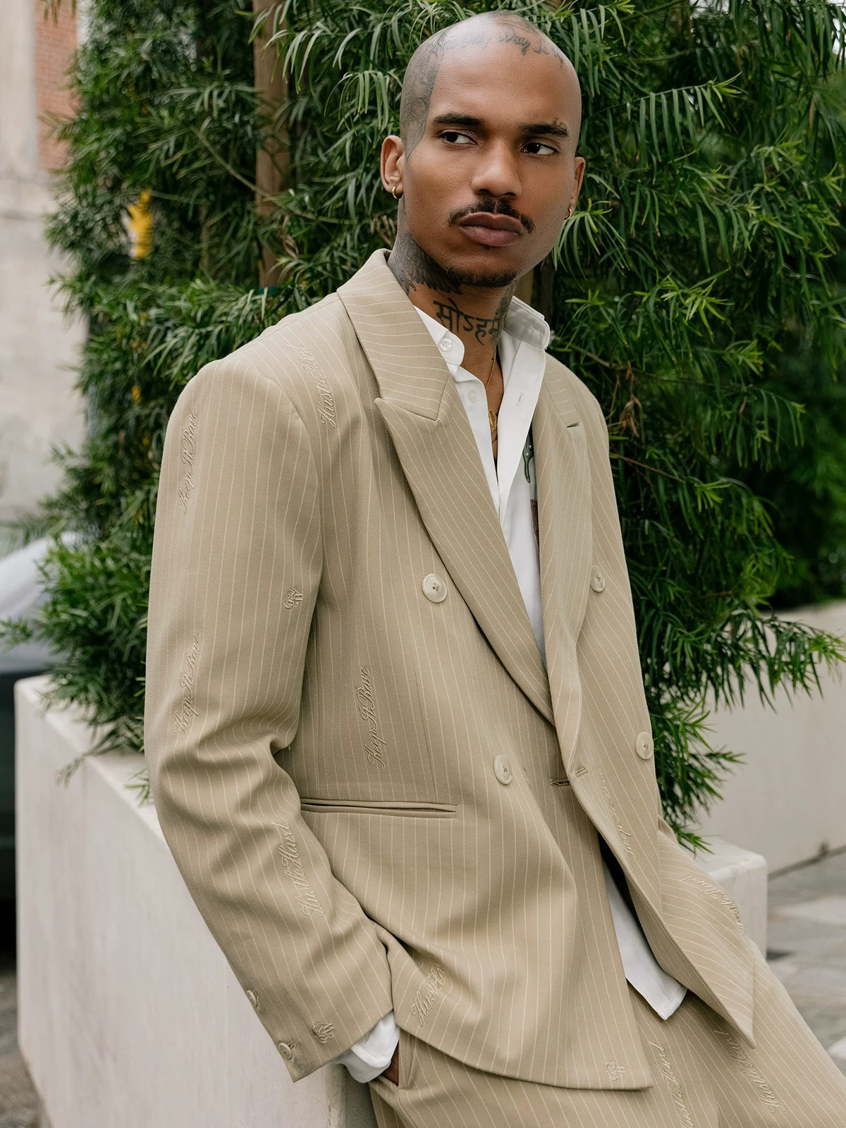 GRAFWU Oversized Pinstripe Double-Breasted Blazer Unisex Neutral Tone Suit