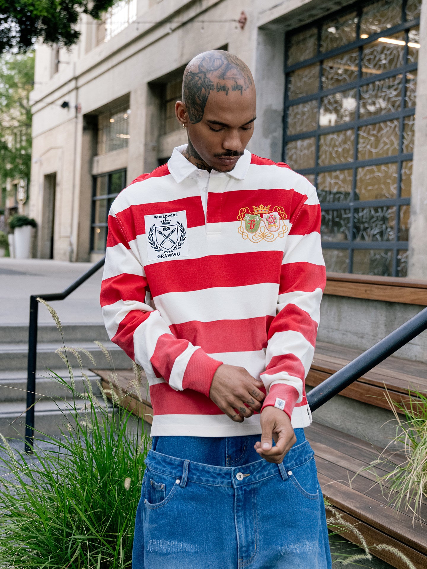 GRAF&WU Striped Polo Collar Rugby Style Design Long Sleeves Shirt