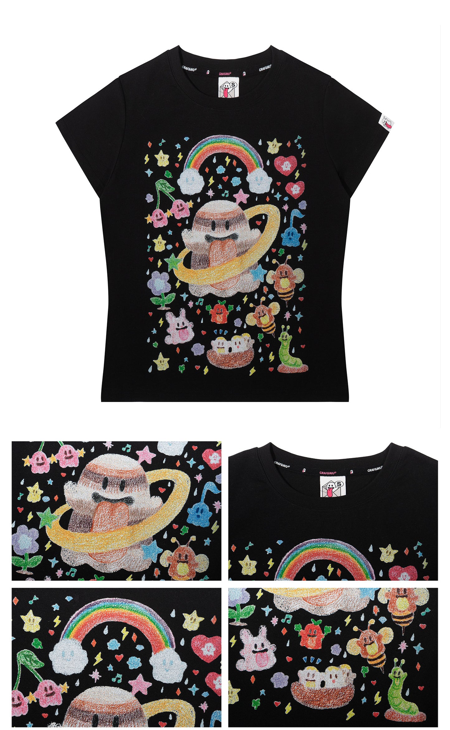 GRAF&WU Artistic Painted Solar System Planets Cute Ghost Hot Girl T-shirt