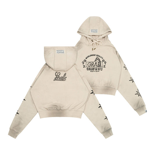 GRAF&WU Vintage Washed Distressed Giraffe Design Cropped Hoodie