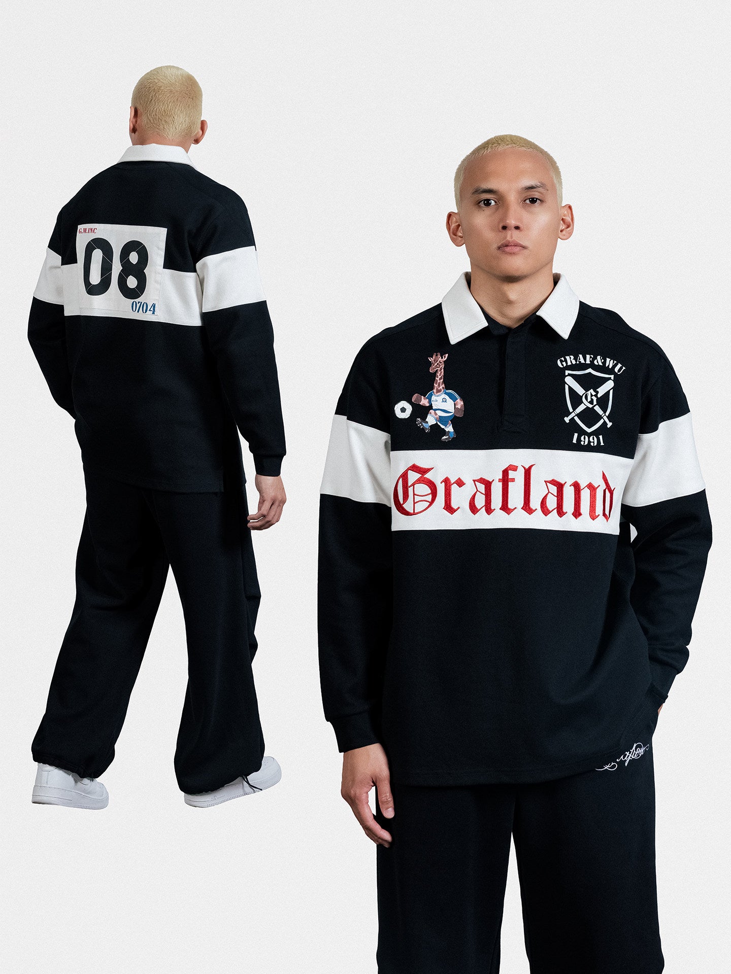 GRAF&WU Vintage Giraffe Football Polo Collar Long-sleeve Shirt - Retro Streetwear