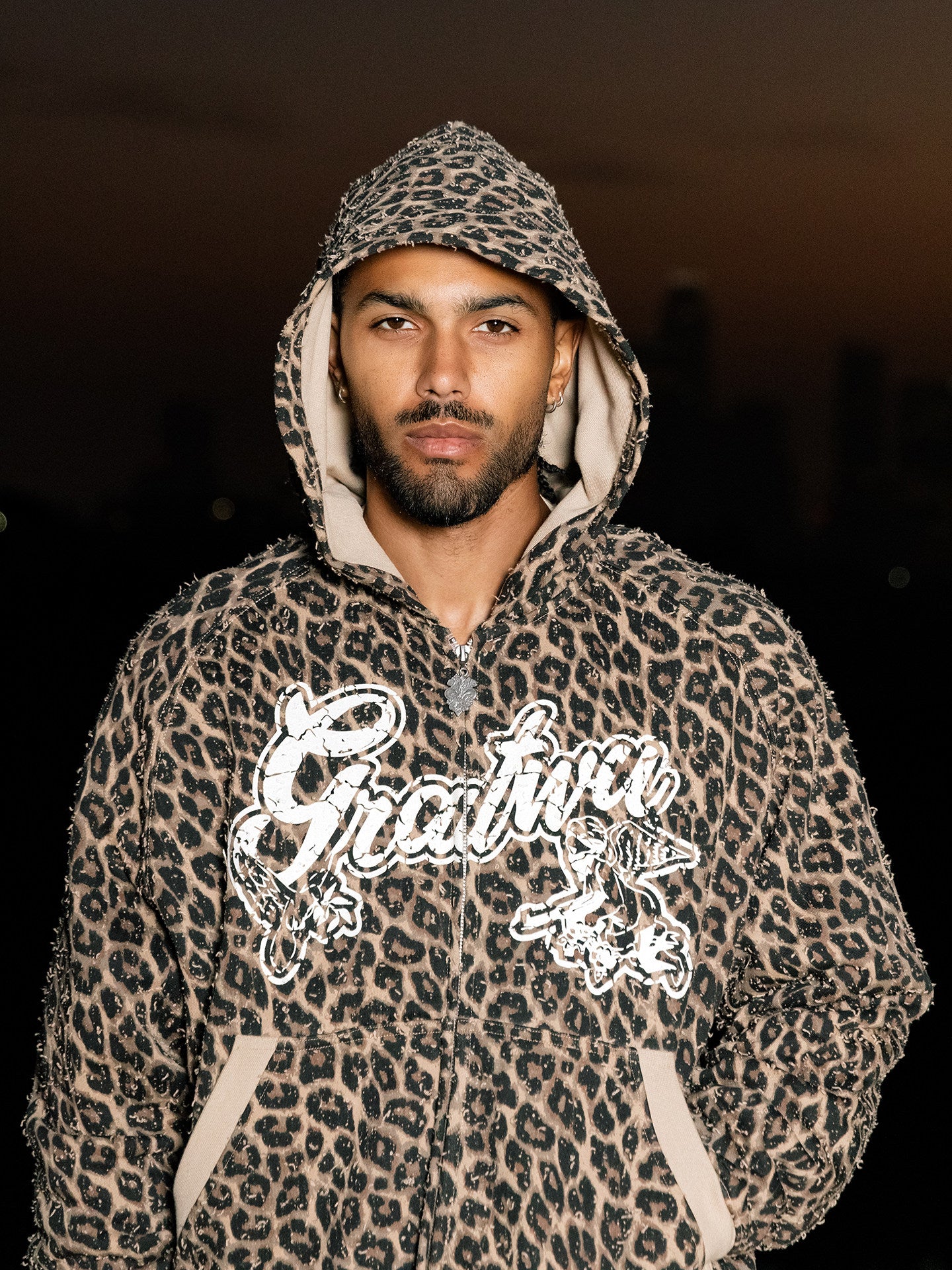 GRAF&WU Vintage Worn-in Leopard Print AK Angel Zipper Hoodie