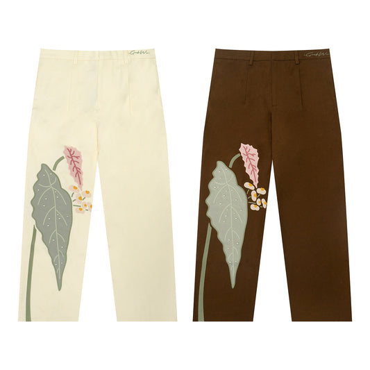 GRAF&WU Aesthetic Green Plant Embroidered Pearl Baggy Trousers