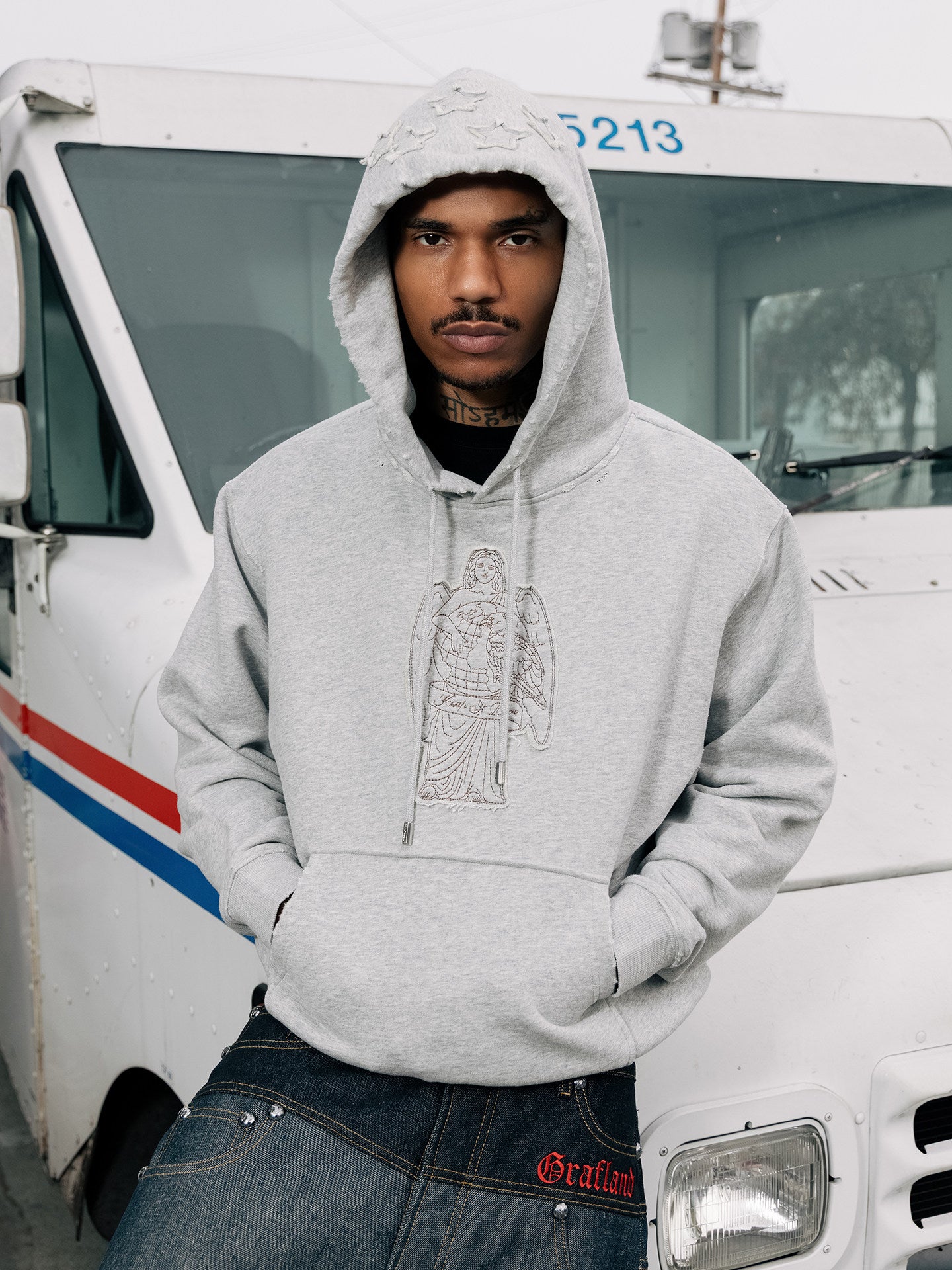 GRAF&WU Brand Fashion Studded Design Vintage Fleece Hoodie