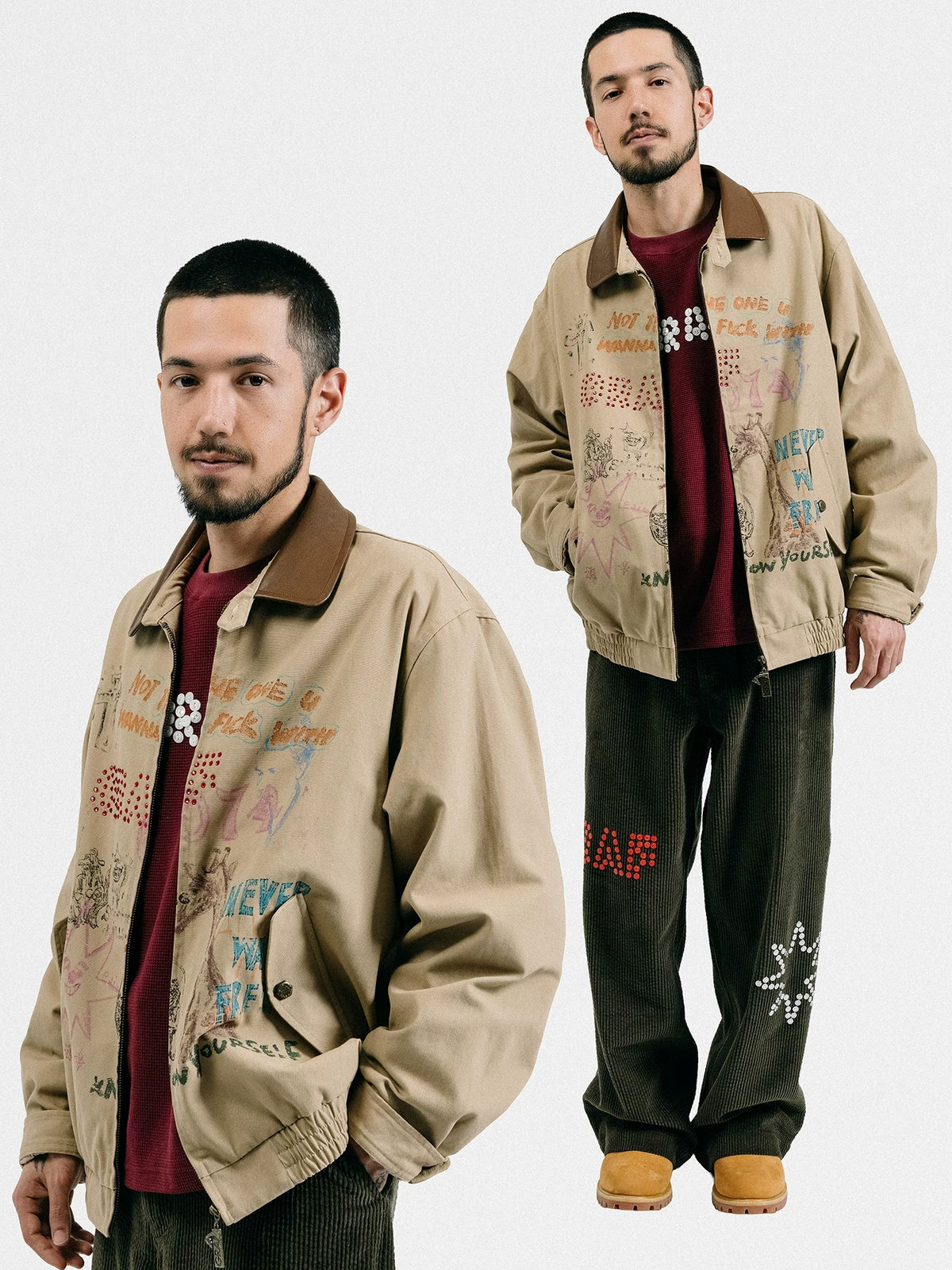 GRAF&WU Leather Collar Harrington Graffiti Vintage Jacket