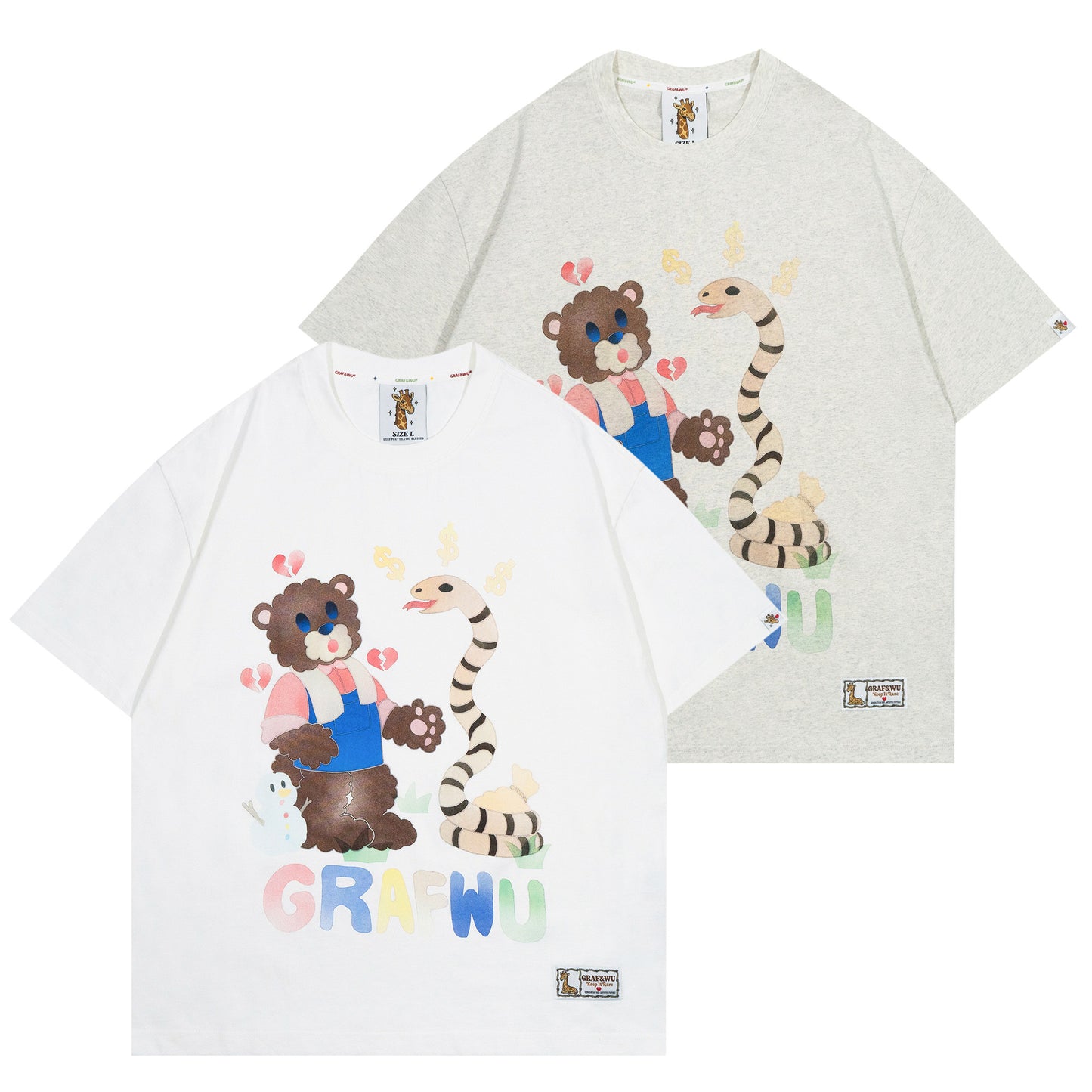 GRAF&WU【Giraffe Fable】Farmer Bear and Snake Streetwear Cool Touch T-Shirt