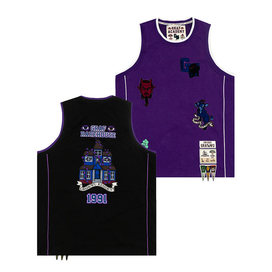 GRAFWU Devil Black Cat Two-Headed Sheep Embroidery Basketball Vest