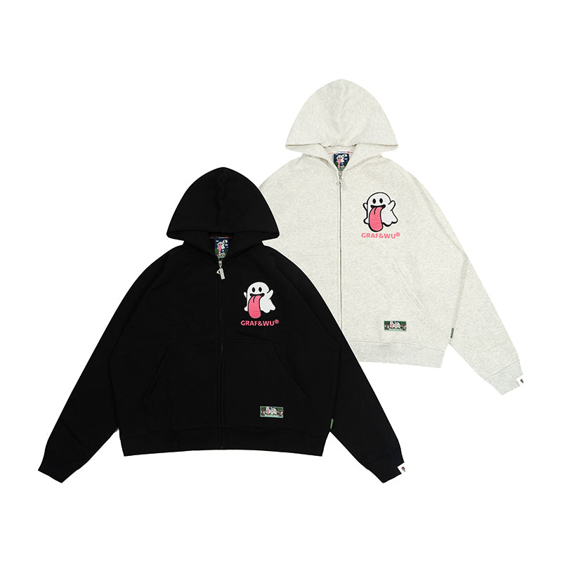 GRAF&WU Sweet Anatomy Cute Ghost Velcro Zip up Boxy Hoodie