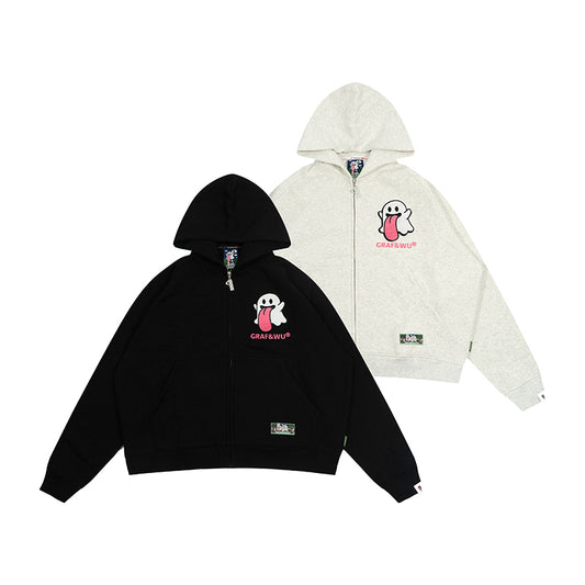 GRAF&WU Sweet Anatomy Cute Ghost Velcro Zip up Boxy Hoodie