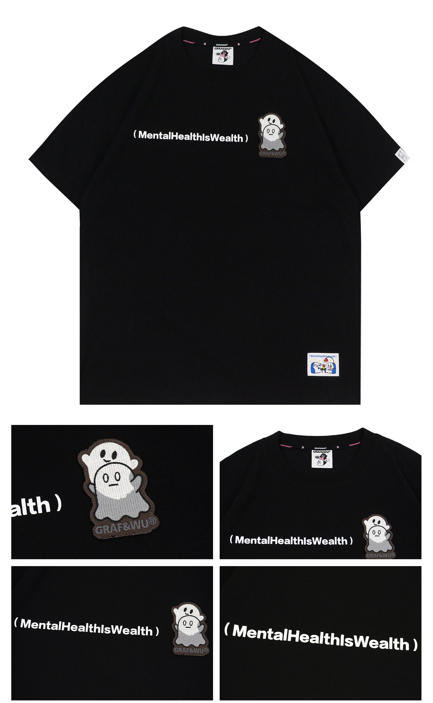 GRAF&WU Mental Health Series Cute Ghost Embroidery Graphic T-Shirt