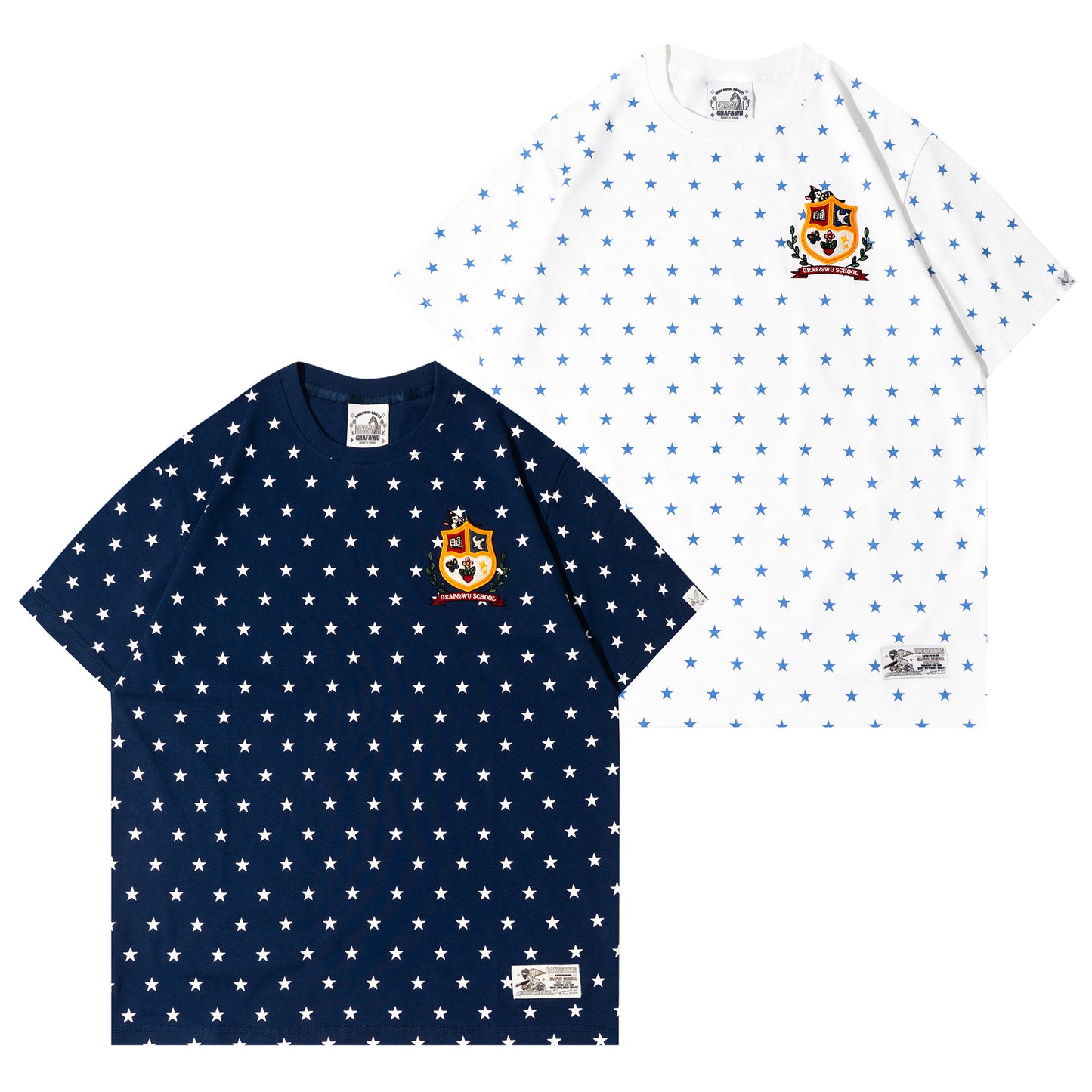 GRAF&WU Starry Cow Cat University Badge Embroidered Streetwear T-shirt