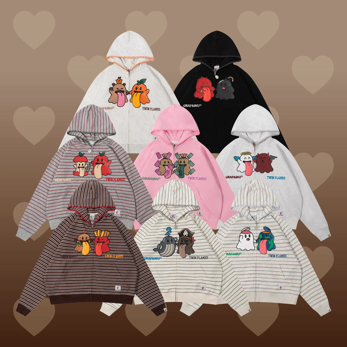 GRAF&WU Twin Flame Cute Ghost Stitching Loose Striped Couple's Sweatshirt Cardigan