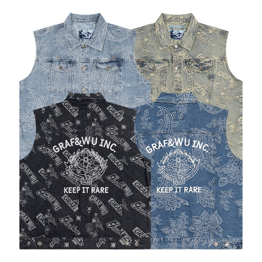 GRAFWU Jacquard Craft Pattern Design Denim Sleeveless