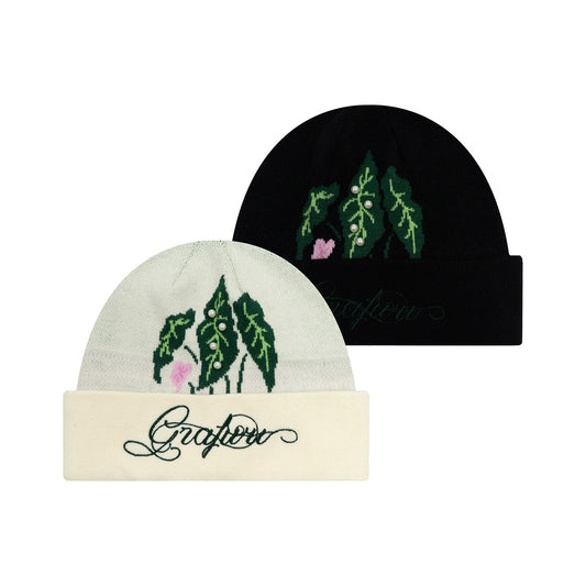 GRAF&WU Tropical Green Plant Sewn Pearl Letter Embroidery Wool Beanie | Winter Knit Hat
