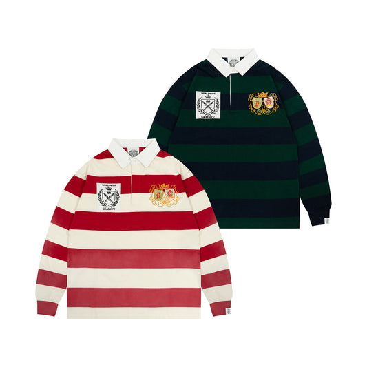 GRAF&WU Striped Polo Collar Rugby Style Design Long Sleeves Shirt