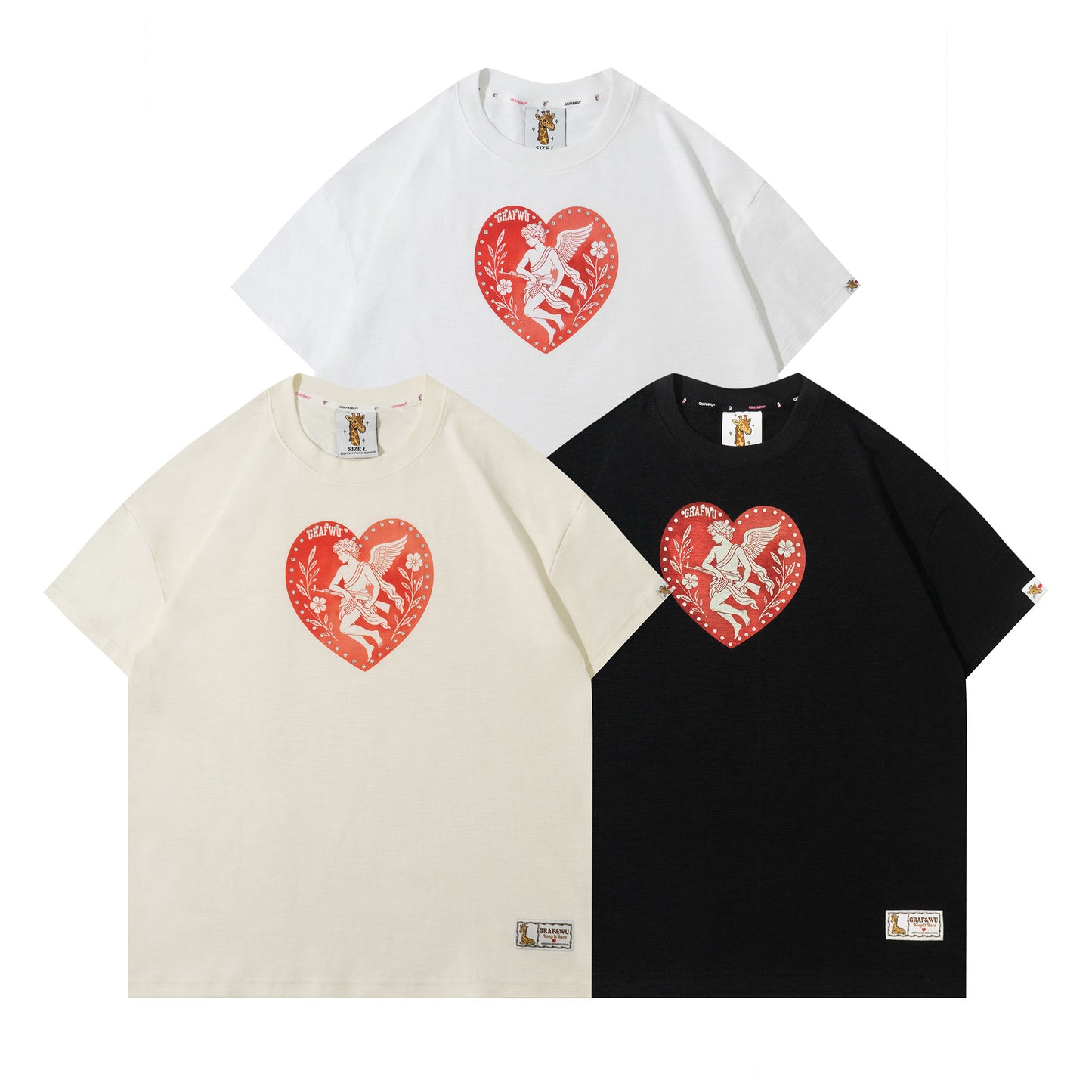 GRAF&WU AK47 Greek Angel Rhinestone Shiny Heart T-Shirt