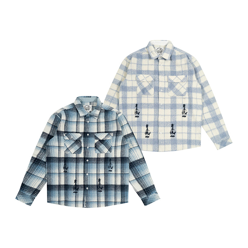 GRAF&WU Porcelain Blue Embroidered Deer Streetwear Loose Thick Shirt