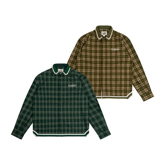 GRAF&WU Embroidered Plaid Button Up Shirt Ribbed Trim Oversized Streetwear