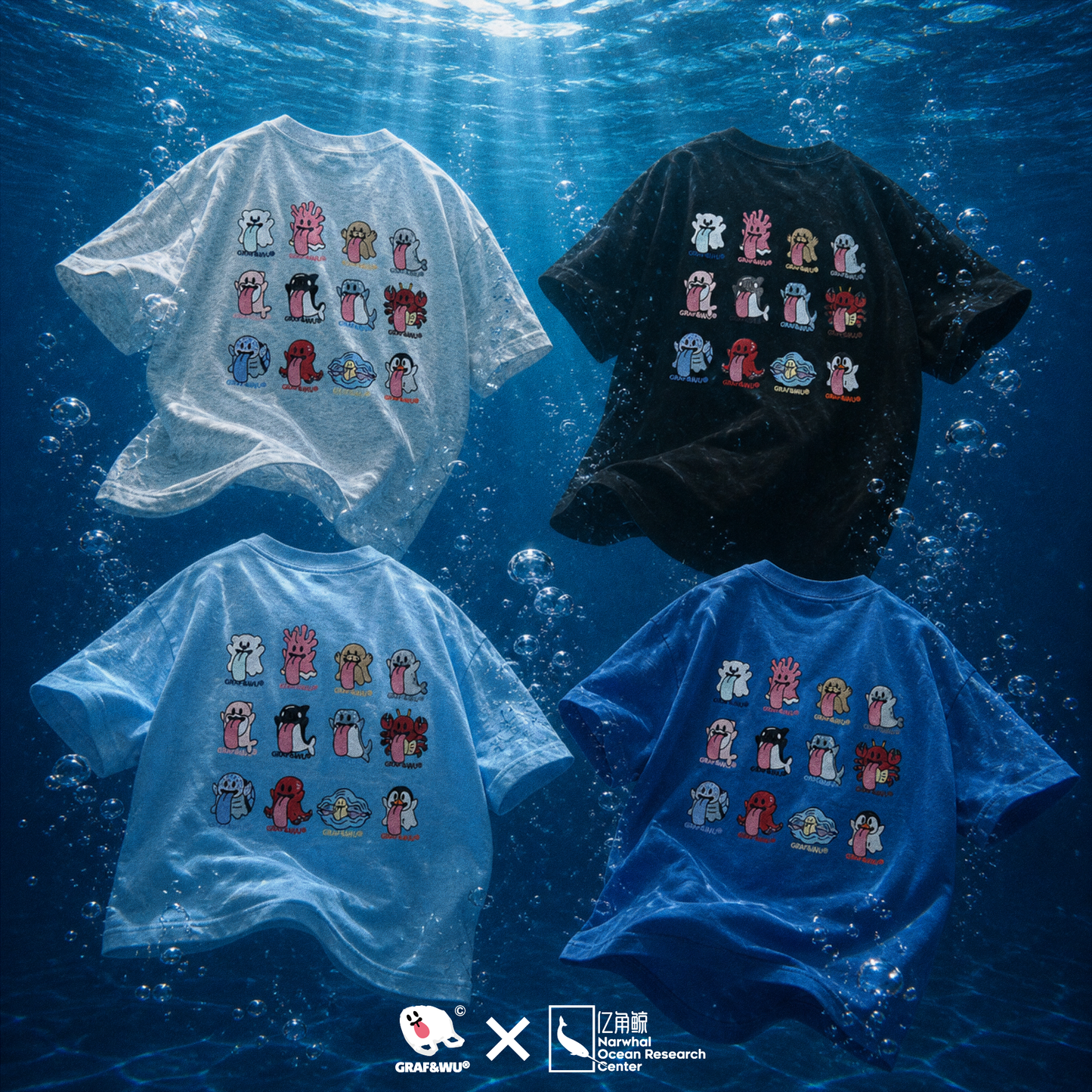 GRAF&WU 12 Ocean Cute Ghost Character Embroidered T-Shirts