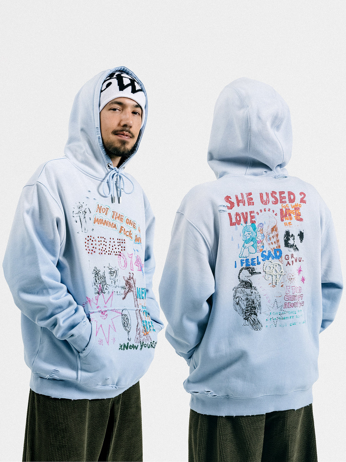 GRAF&WU Graffiti Rhinestone Distressed Hoodie