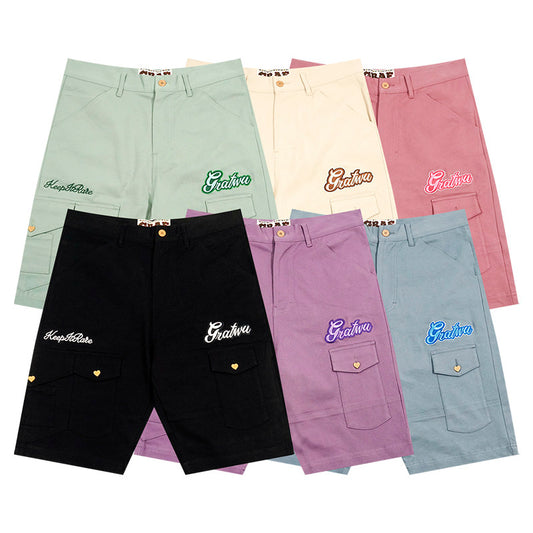 GRAF&WU Letter Embroidered Heart-button Loose Cargo Shorts