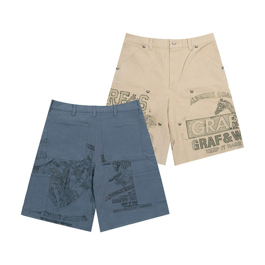 GRAF&WU Vintage Distressed Cargo Shorts | Giraffe Floral Canvas