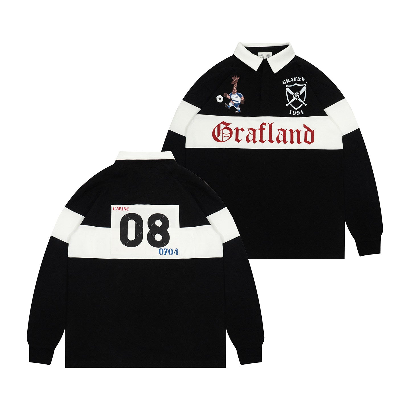 GRAF&WU Vintage Giraffe Football Polo Collar Long-sleeve Shirt - Retro Streetwear