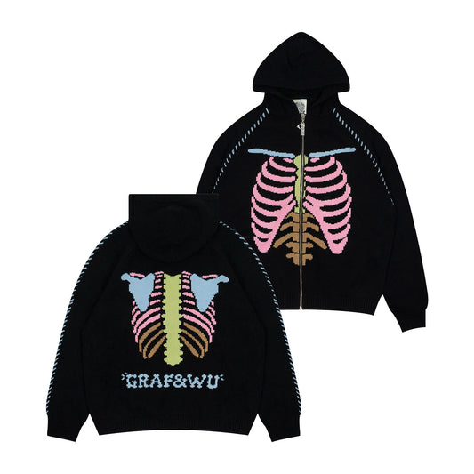 GRAF&WU Colorful Ribcage Knit Zip Up Hoodie Skeleton Streetwear