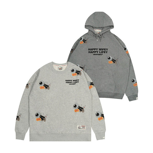 GRAF&WU Happy Wifey Lifey Hoodie | Grey Cartoon Graphic Streetwear