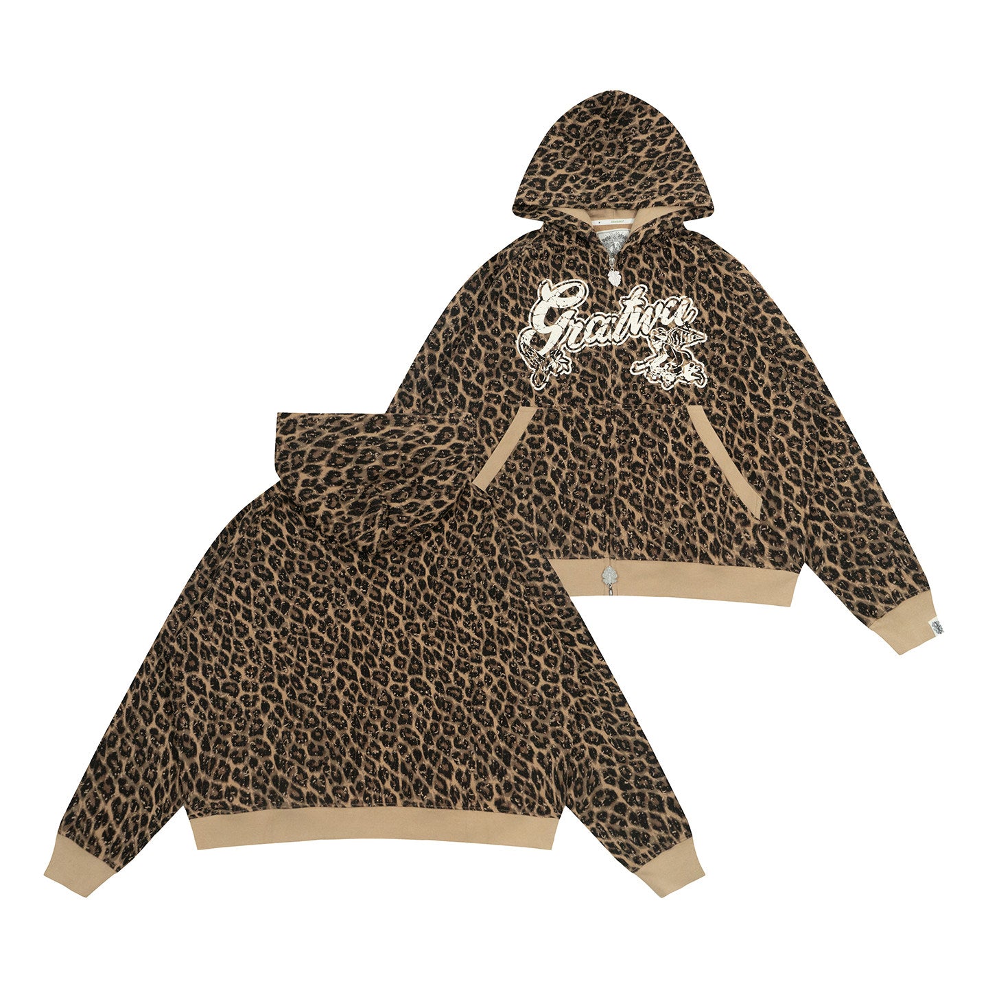GRAF&WU Vintage Worn-in Leopard Print AK Angel Zipper Hoodie