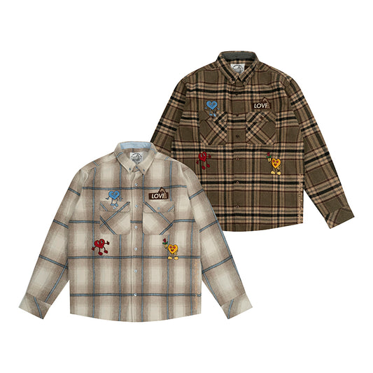GRAF&WU Plaid 3 LOVE Heart Eembroidery Streetwear Brushed Shirt