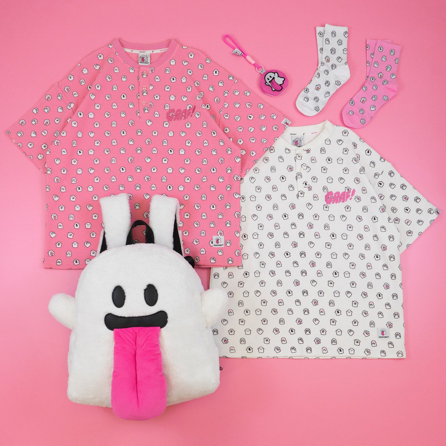 GRAF&WU Mini Cute Ghost Cotton Waffle Henley Collar T-shirt