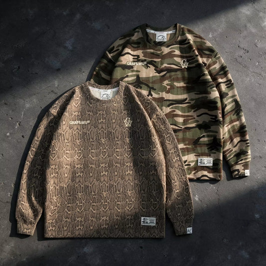 GRAF&WU Camo & Snake Print Waffle Long Sleeve Tee
